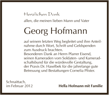 Traueranzeige von Georg Hofmann von Pegnitz-Zeitung